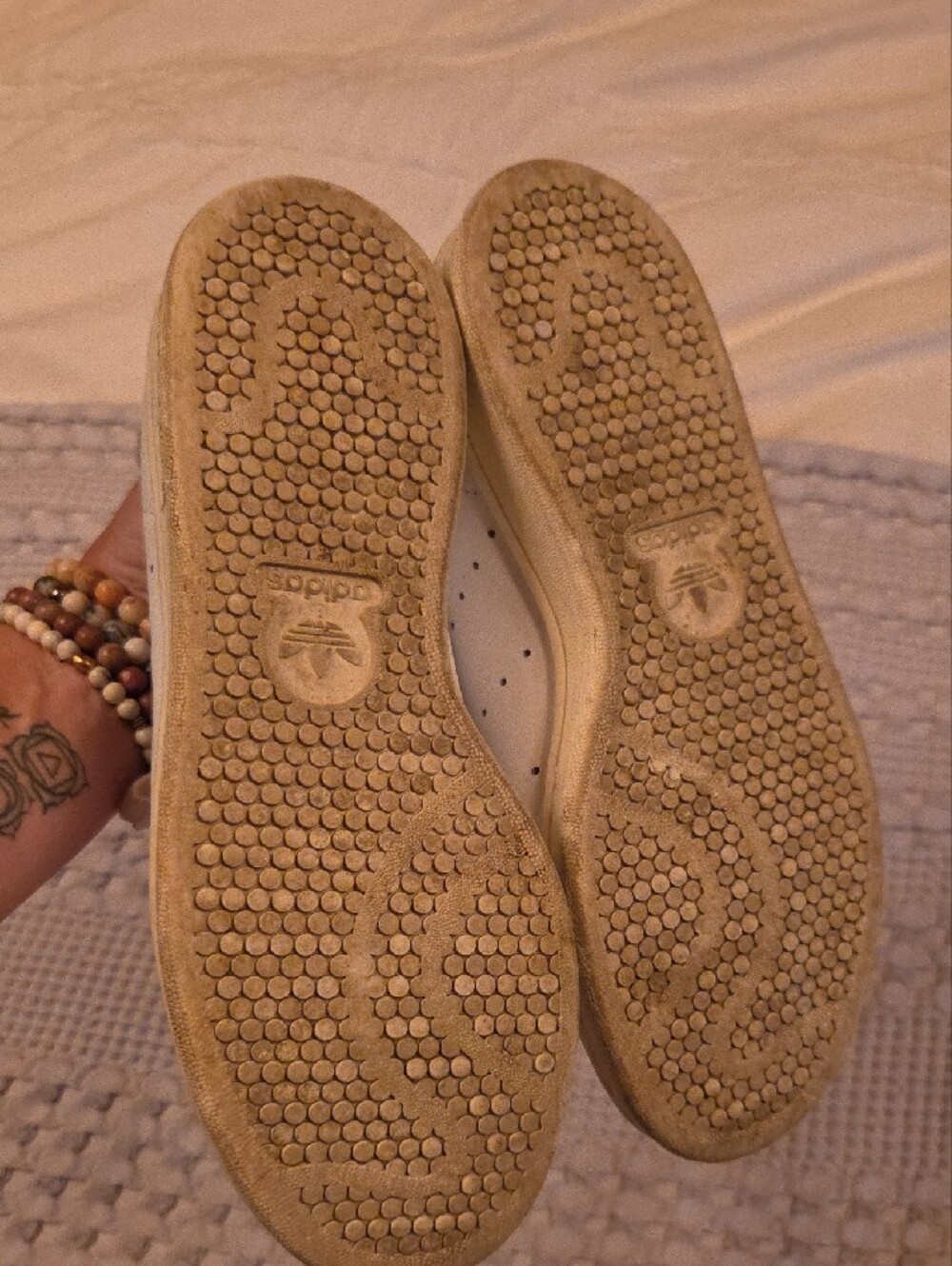adidas White Leather Stan Smith Sneakers with Brown Tongue Logo - Picture 4 of 4